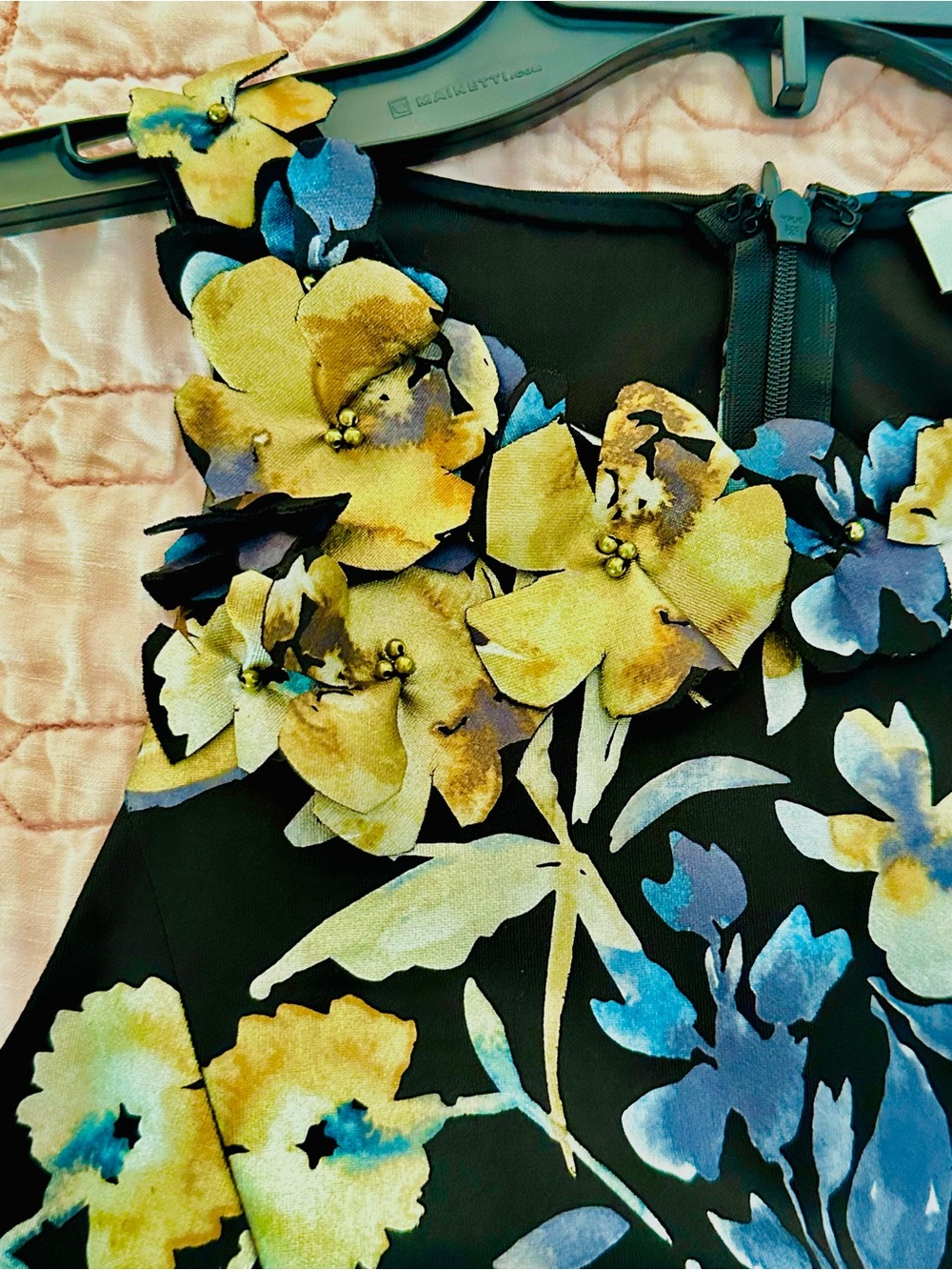 Rickie Freeman Teri Jon Black Floral Slip Dress with Blue and Yellow 3-D Blooms